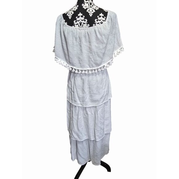 Jodifl Boho White Off Shoulder Tiered Maxi Dress Pom Pom Trim Medium Romantic - Picture 2 of 5